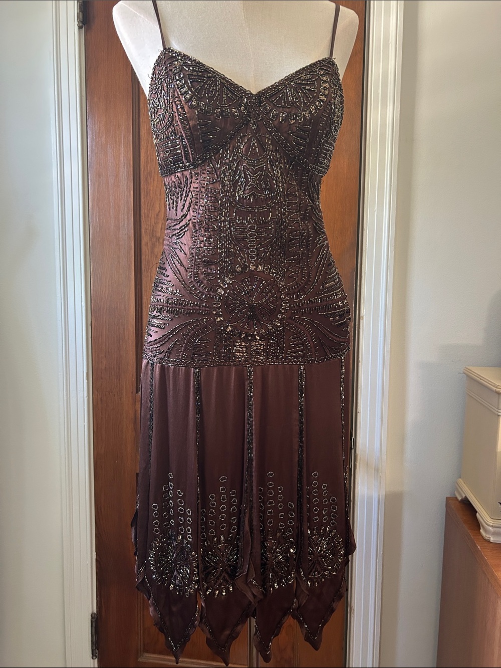 Gorgeous Vintage Y2K Sue Wong Silk Beaded Brown Evening Slip Dress